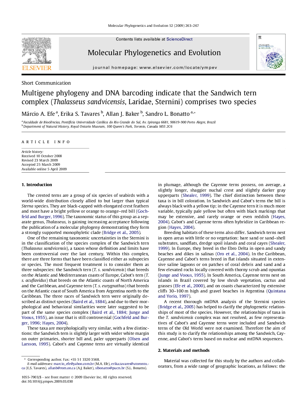 عکس صفحه اول مقاله: Multigene phylogeny and DNA barcoding indicate that the Sandwich tern complex (Thalasseus sandvicensis, Laridae, Sternini) comprises two species Multigene phylogeny and DNA barcoding indicate that the Sandwich tern complex (Thalasseus sandvicensis, Laridae, Sternini) comprises two species