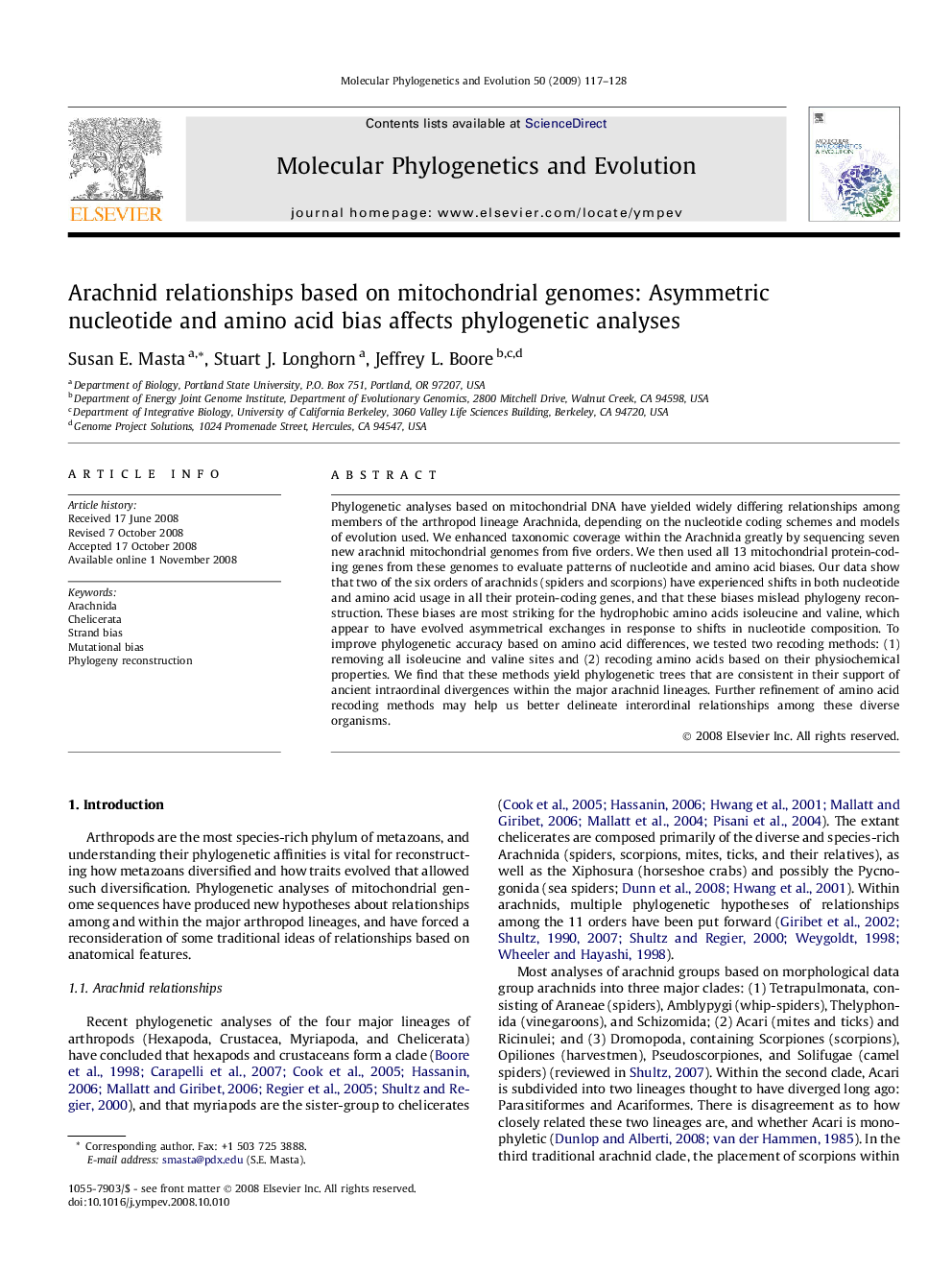 Arachnid relationships based on mitochondrial genomes: Asymmetric nucleotide and amino acid bias affects phylogenetic analyses