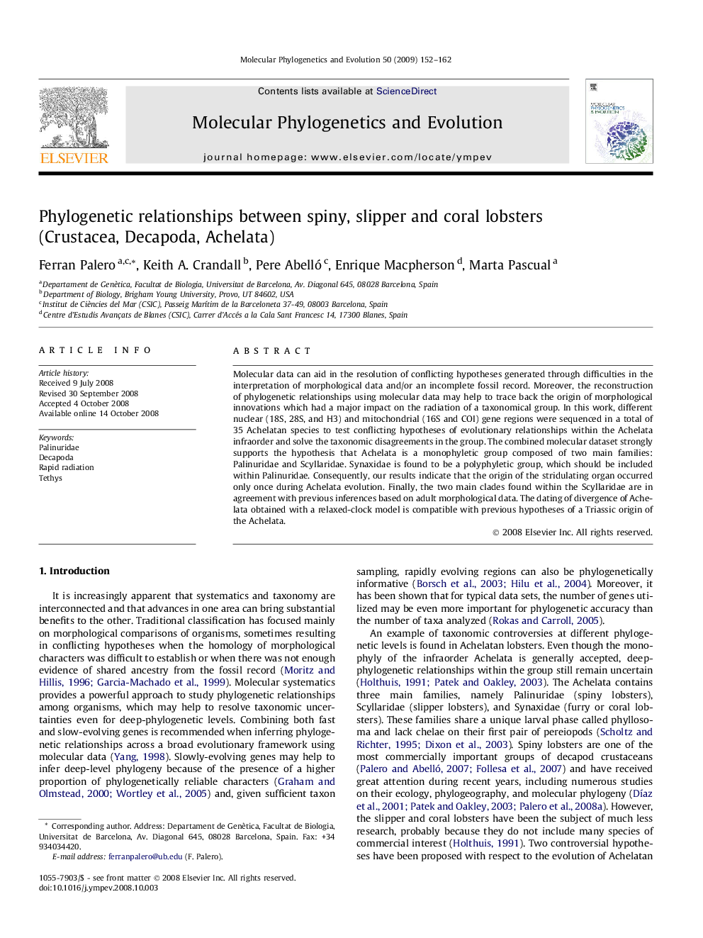 Phylogenetic relationships between spiny, slipper and coral lobsters (Crustacea, Decapoda, Achelata)