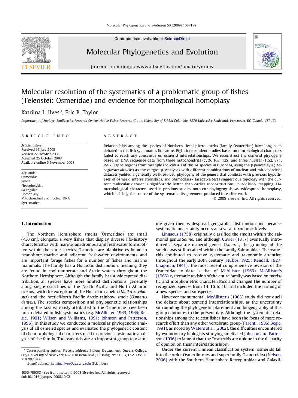 Molecular resolution of the systematics of a problematic group of fishes (Teleostei: Osmeridae) and evidence for morphological homoplasy