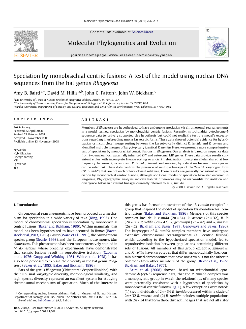 Speciation by monobrachial centric fusions: A test of the model using nuclear DNA sequences from the bat genus Rhogeessa