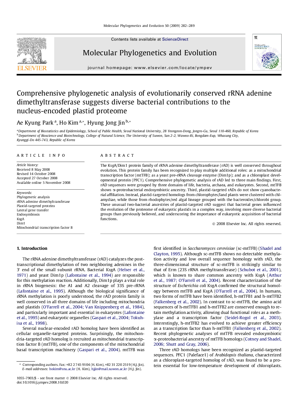 Comprehensive phylogenetic analysis of evolutionarily conserved rRNA adenine dimethyltransferase suggests diverse bacterial contributions to the nucleus-encoded plastid proteome