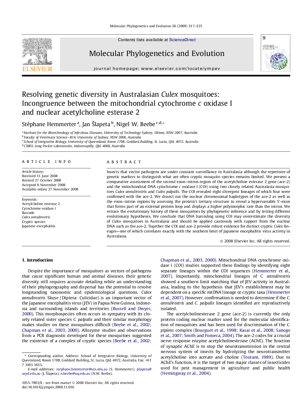 Resolving genetic diversity in Australasian Culex mosquitoes: Incongruence between the mitochondrial cytochrome c oxidase I and nuclear acetylcholine esterase 2