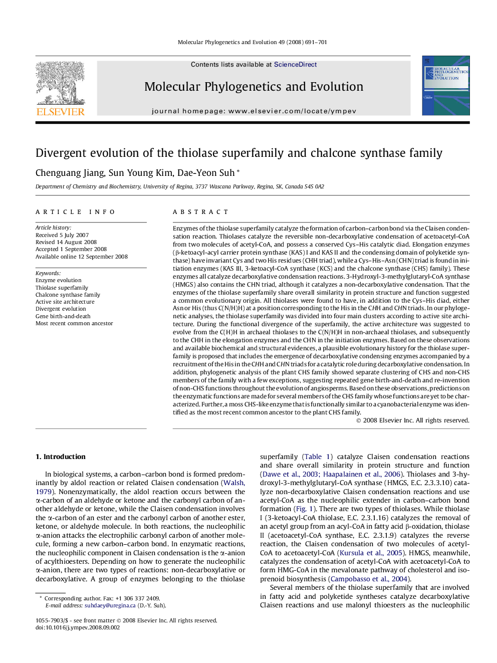 Divergent evolution of the thiolase superfamily and chalcone synthase family