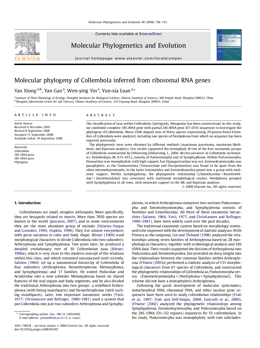 Molecular phylogeny of Collembola inferred from ribosomal RNA genes