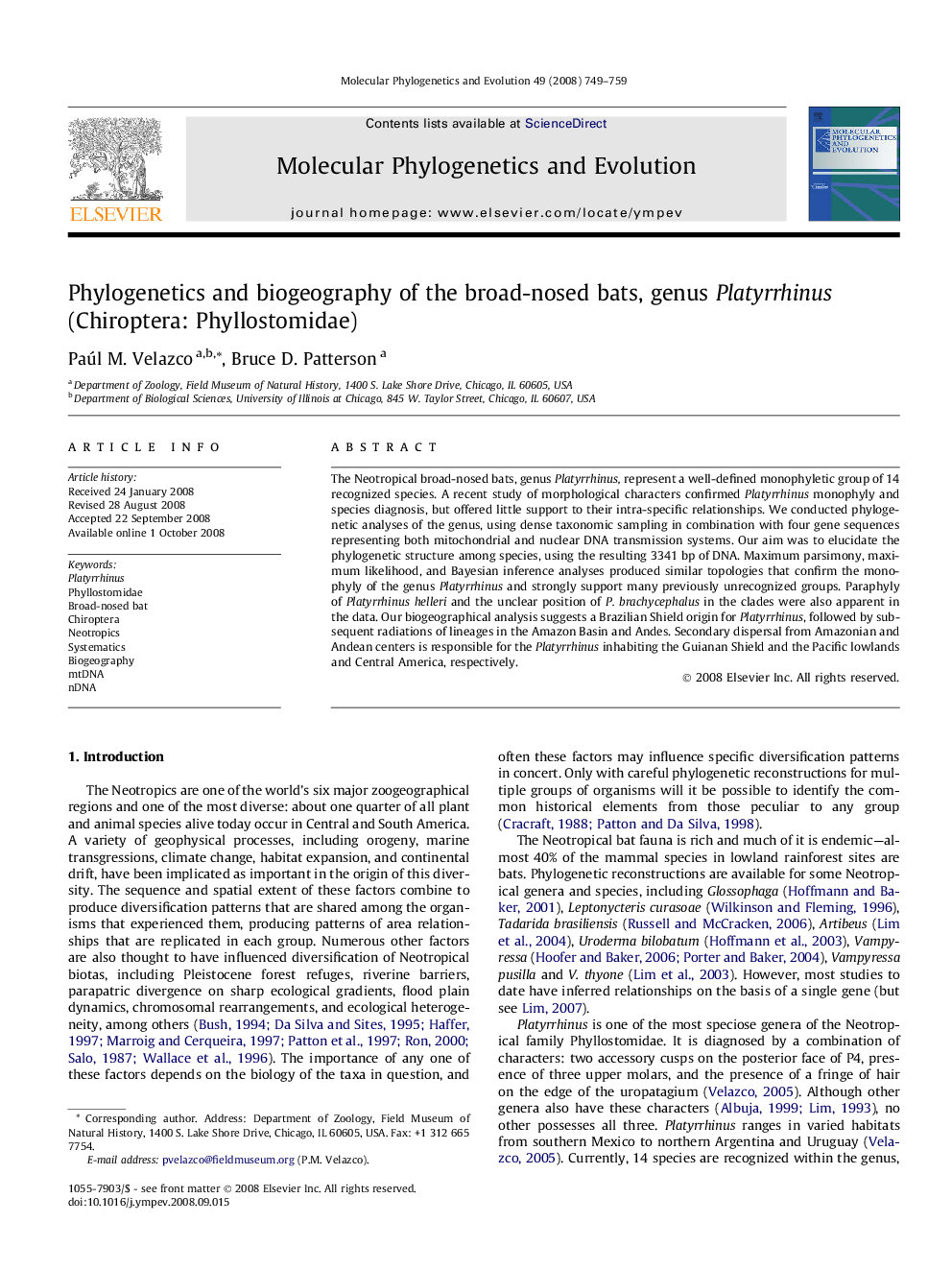 Phylogenetics and biogeography of the broad-nosed bats, genus Platyrrhinus (Chiroptera: Phyllostomidae)