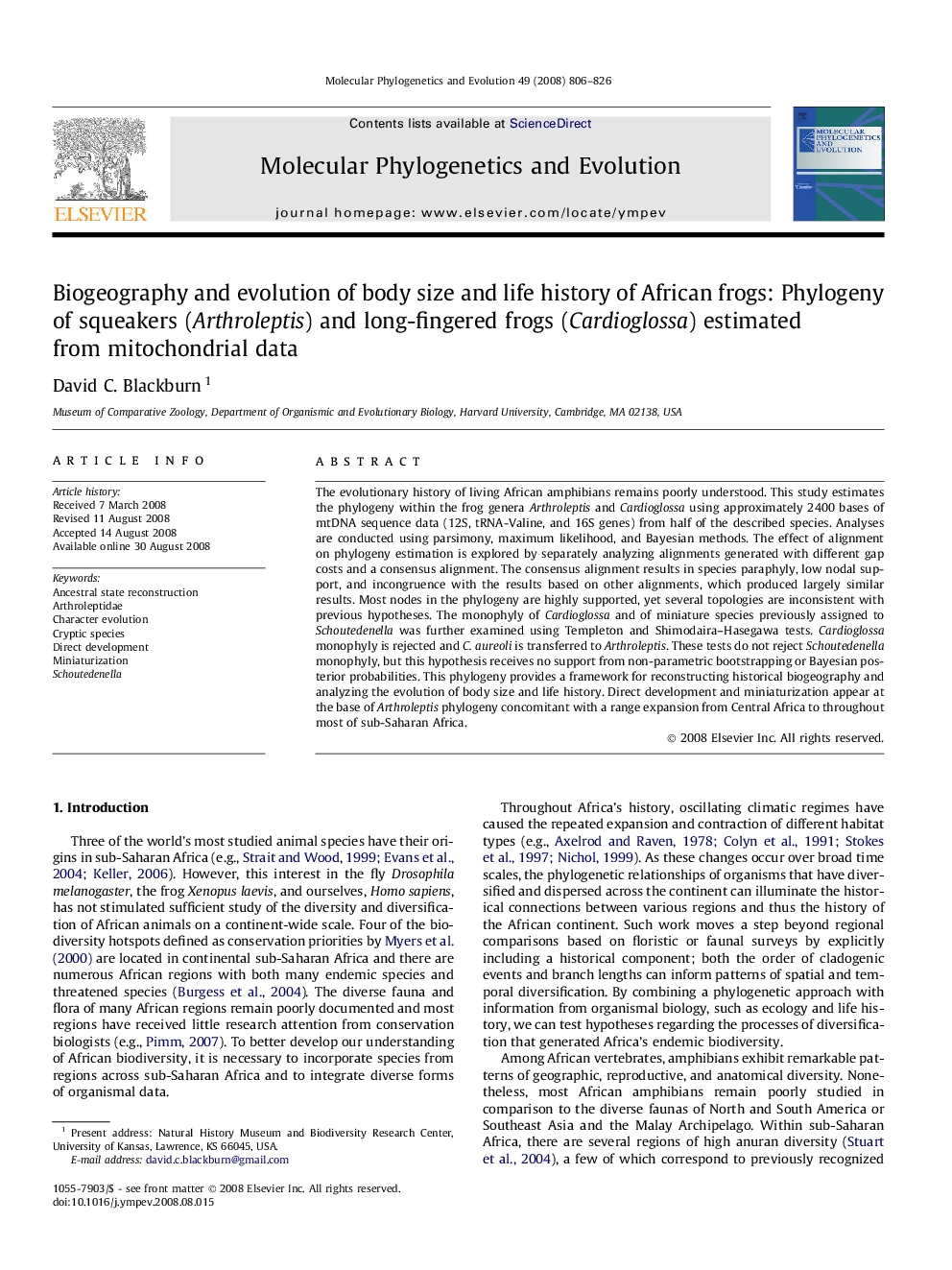 Biogeography and evolution of body size and life history of African frogs: Phylogeny of squeakers (Arthroleptis) and long-fingered frogs (Cardioglossa) estimated from mitochondrial data