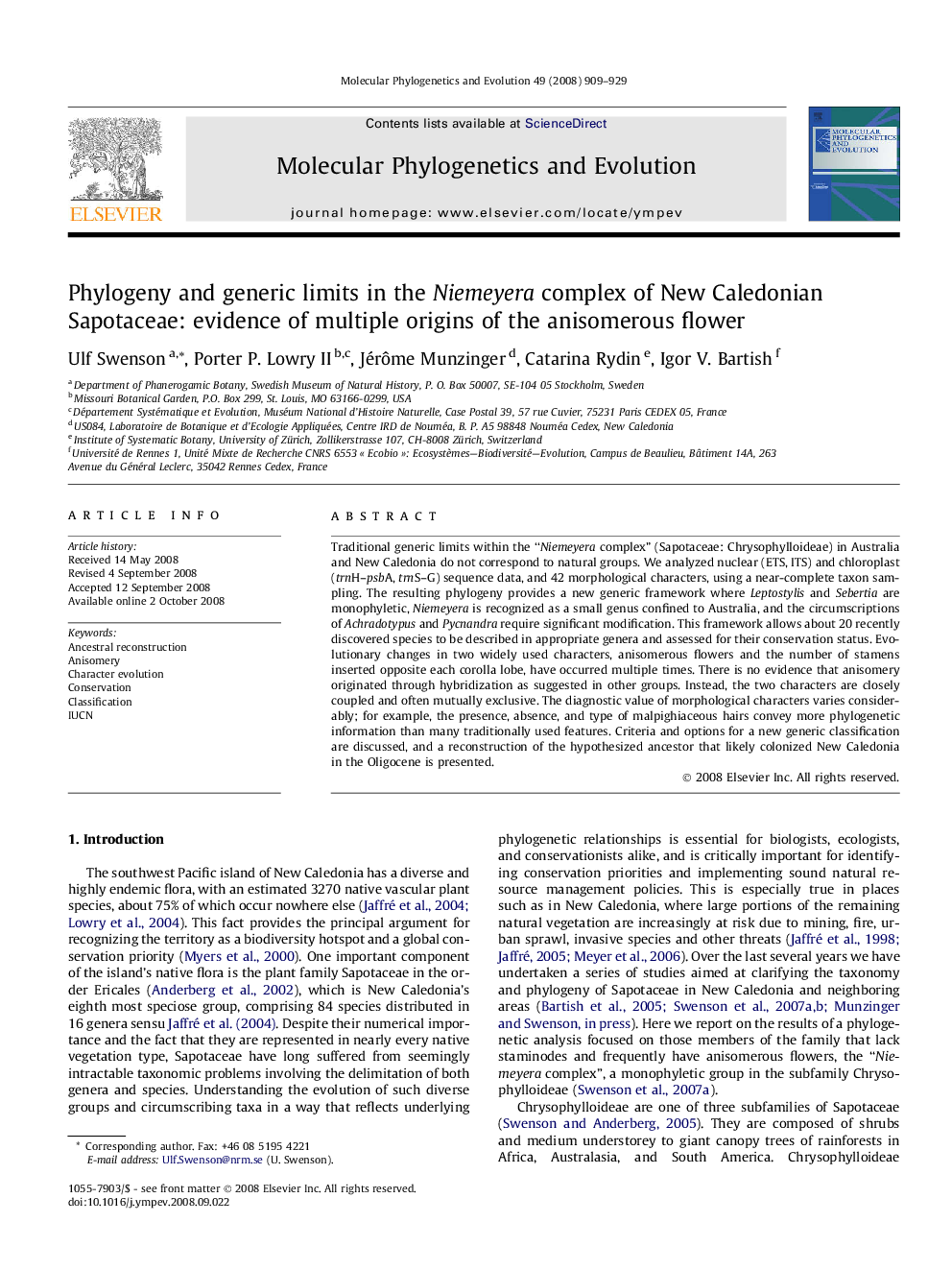 Phylogeny and generic limits in the Niemeyera complex of New Caledonian Sapotaceae: evidence of multiple origins of the anisomerous flower