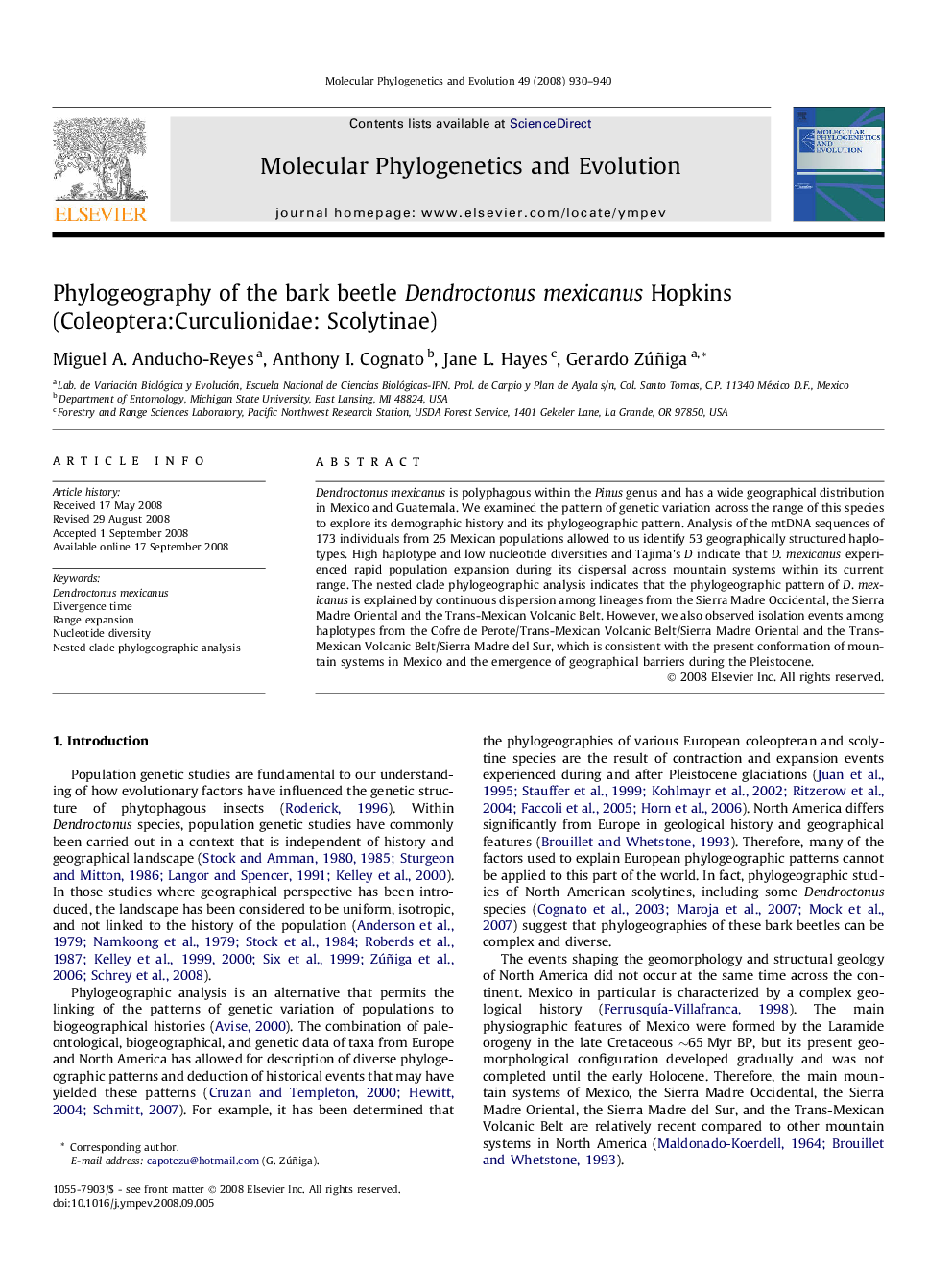 Phylogeography of the bark beetle Dendroctonus mexicanus Hopkins (Coleoptera: Curculionidae: Scolytinae)