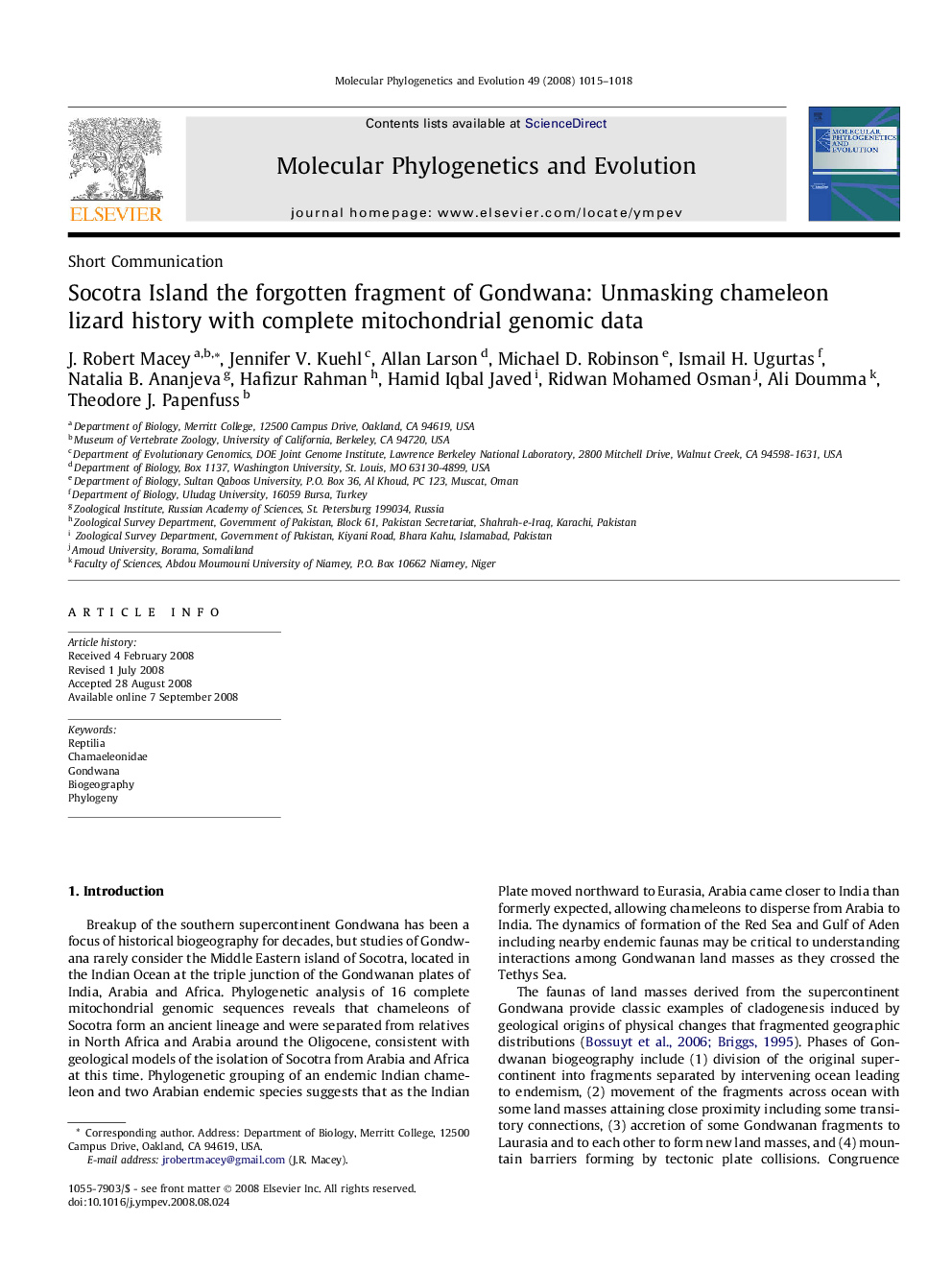 Socotra Island the forgotten fragment of Gondwana: Unmasking chameleon lizard history with complete mitochondrial genomic data