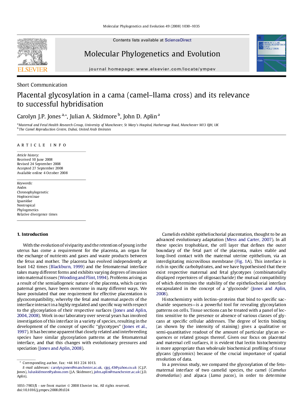 Placental glycosylation in a cama (camel-llama cross) and its relevance to successful hybridisation