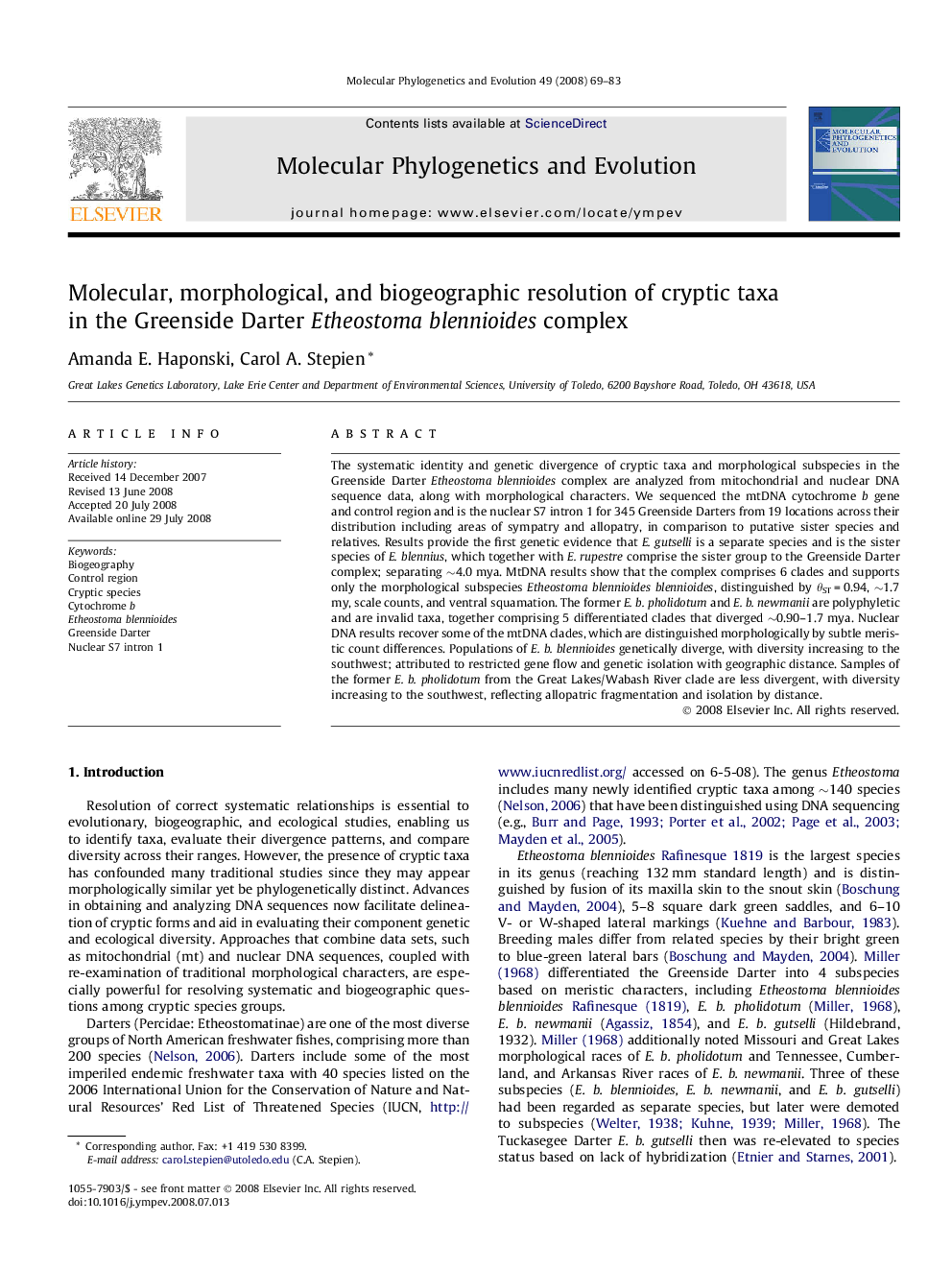 Molecular, morphological, and biogeographic resolution of cryptic taxa in the Greenside Darter Etheostoma blennioides complex