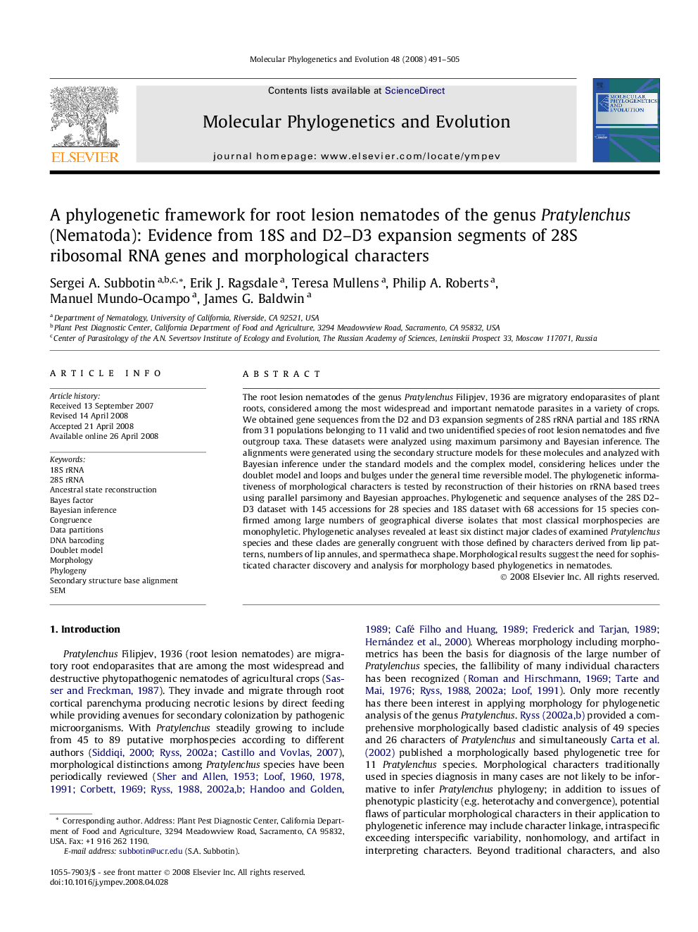 A phylogenetic framework for root lesion nematodes of the genus Pratylenchus (Nematoda): Evidence from 18S and D2–D3 expansion segments of 28S ribosomal RNA genes and morphological characters