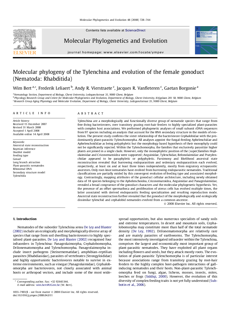 Molecular phylogeny of the Tylenchina and evolution of the female gonoduct (Nematoda: Rhabditida)