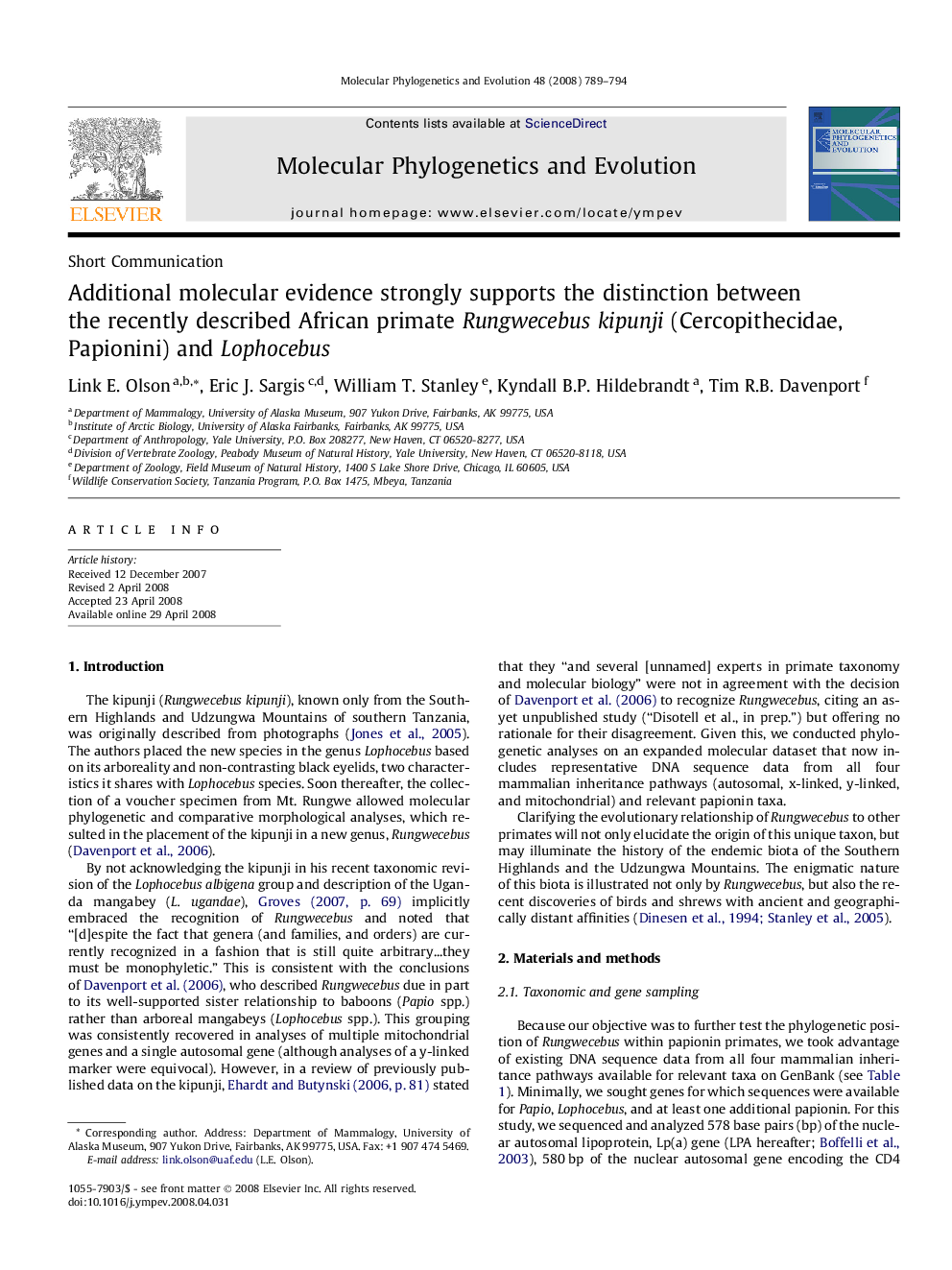 عکس صفحه اول مقاله: Additional molecular evidence strongly supports the distinction between the recently described African primate Rungwecebus kipunji (Cercopithecidae, Papionini) and Lophocebus Additional molecular evidence strongly supports the distinction between the recently described African primate Rungwecebus kipunji (Cercopithecidae, Papionini) and Lophocebus