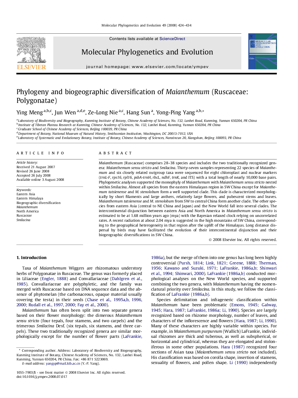 Phylogeny and biogeographic diversification of Maianthemum (Ruscaceae: Polygonatae)