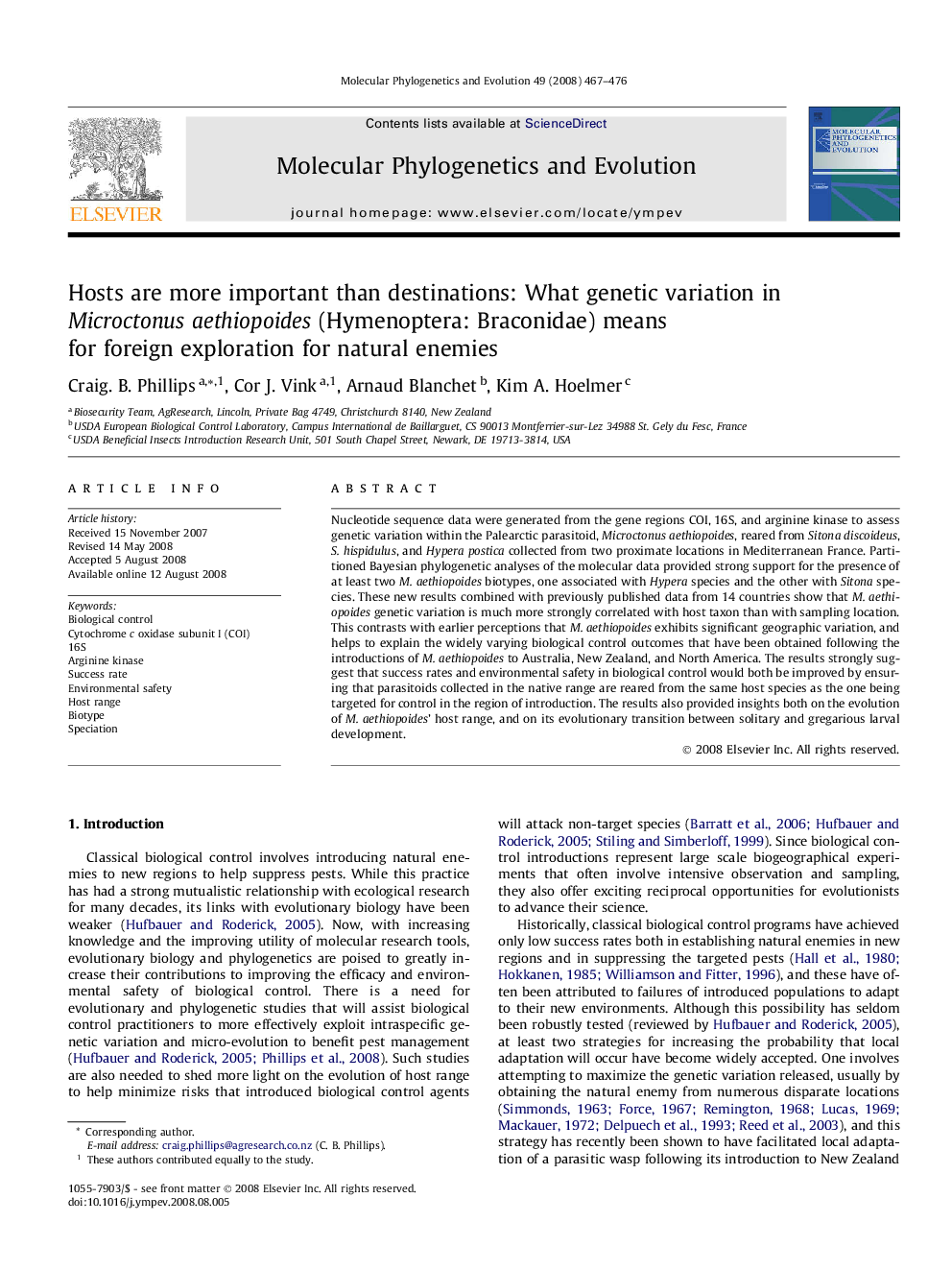 Hosts are more important than destinations: What genetic variation in Microctonus aethiopoides (Hymenoptera: Braconidae) means for foreign exploration for natural enemies