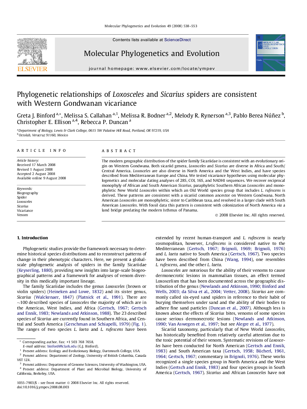 Phylogenetic relationships of Loxosceles and Sicarius spiders are consistent with Western Gondwanan vicariance