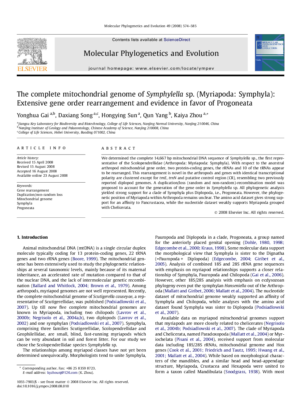 The complete mitochondrial genome of Symphylella sp. (Myriapoda: Symphyla): Extensive gene order rearrangement and evidence in favor of Progoneata