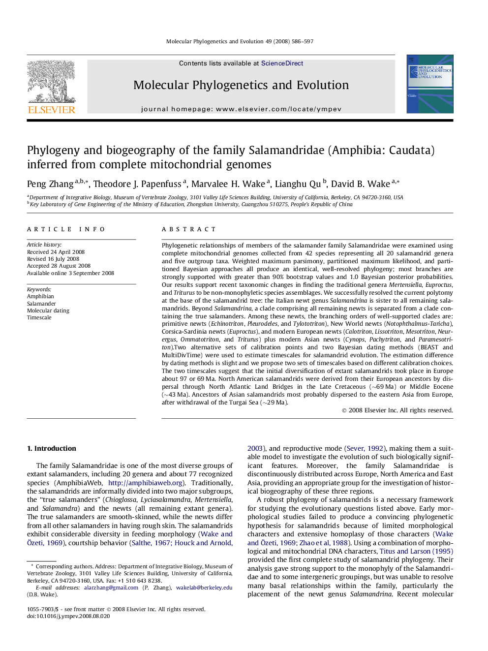 Phylogeny and biogeography of the family Salamandridae (Amphibia: Caudata) inferred from complete mitochondrial genomes