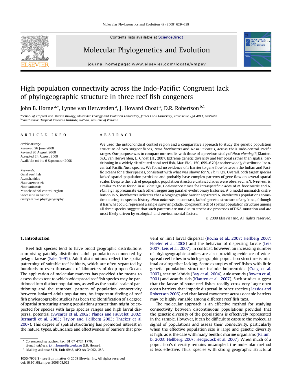 High population connectivity across the Indo-Pacific: Congruent lack of phylogeographic structure in three reef fish congeners