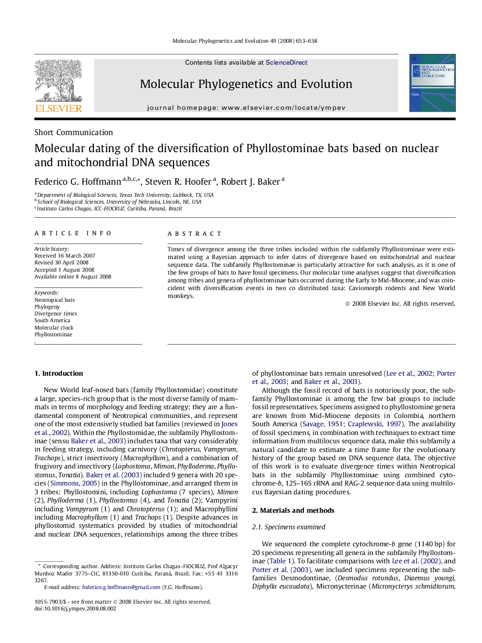 Molecular dating of the diversification of Phyllostominae bats based on nuclear and mitochondrial DNA sequences