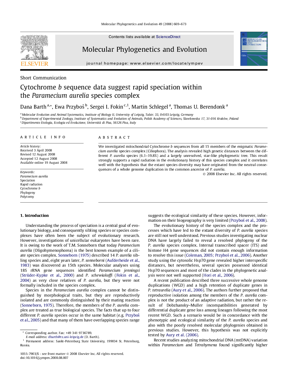 Cytochrome b sequence data suggest rapid speciation within the Paramecium aurelia species complex