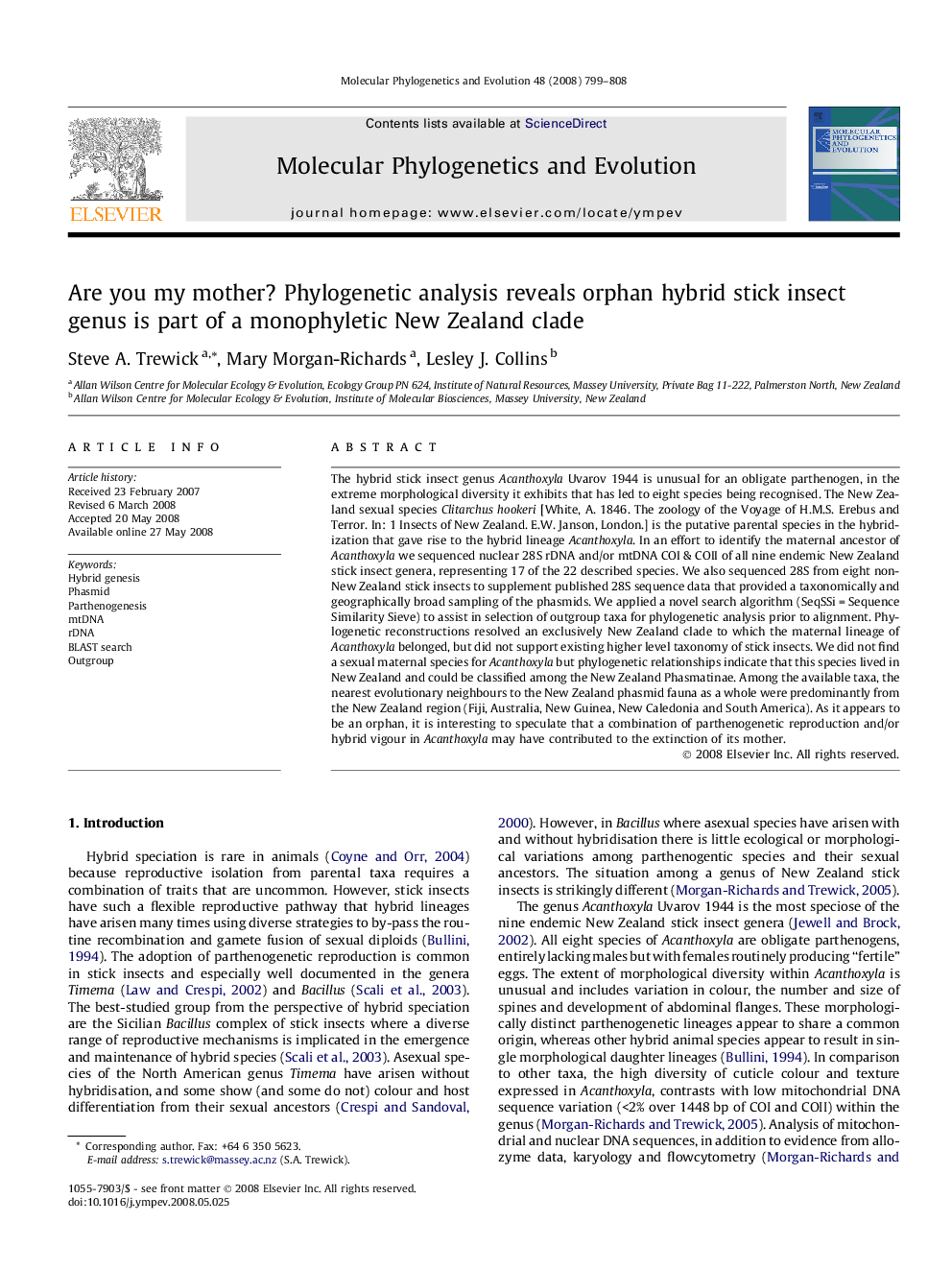 Are you my mother? Phylogenetic analysis reveals orphan hybrid stick insect genus is part of a monophyletic New Zealand clade