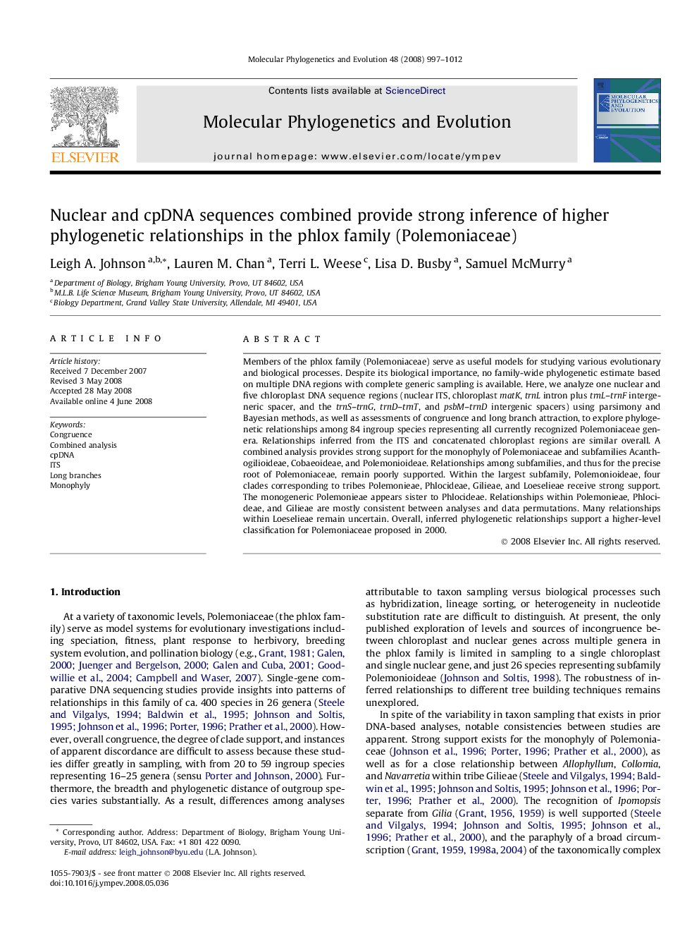 Nuclear and cpDNA sequences combined provide strong inference of higher phylogenetic relationships in the phlox family (Polemoniaceae)