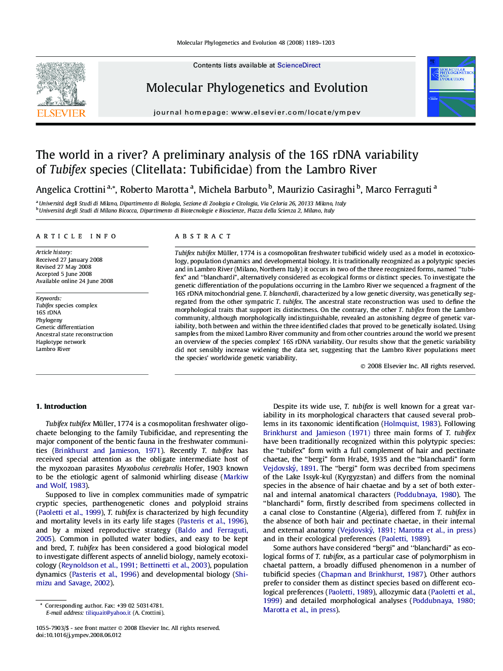 The world in a river? A preliminary analysis of the 16S rDNA variability of Tubifex species (Clitellata: Tubificidae) from the Lambro River