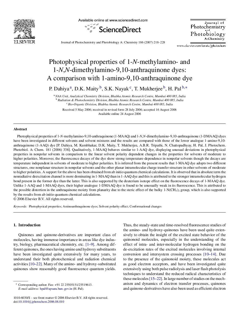 Photophysical properties of 1-N-methylamino- and 1-N,N-dimethylamino-9,10-anthraquinone dyes: A comparison with 1-amino-9,10-anthraquinone dye