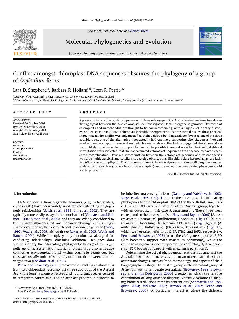 Conflict amongst chloroplast DNA sequences obscures the phylogeny of a group of Asplenium ferns