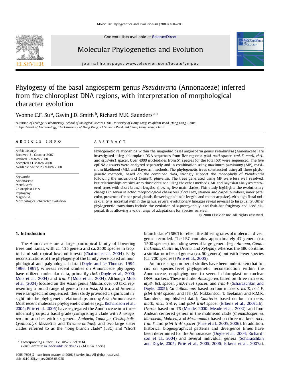 Phylogeny of the basal angiosperm genus Pseuduvaria (Annonaceae) inferred from five chloroplast DNA regions, with interpretation of morphological character evolution