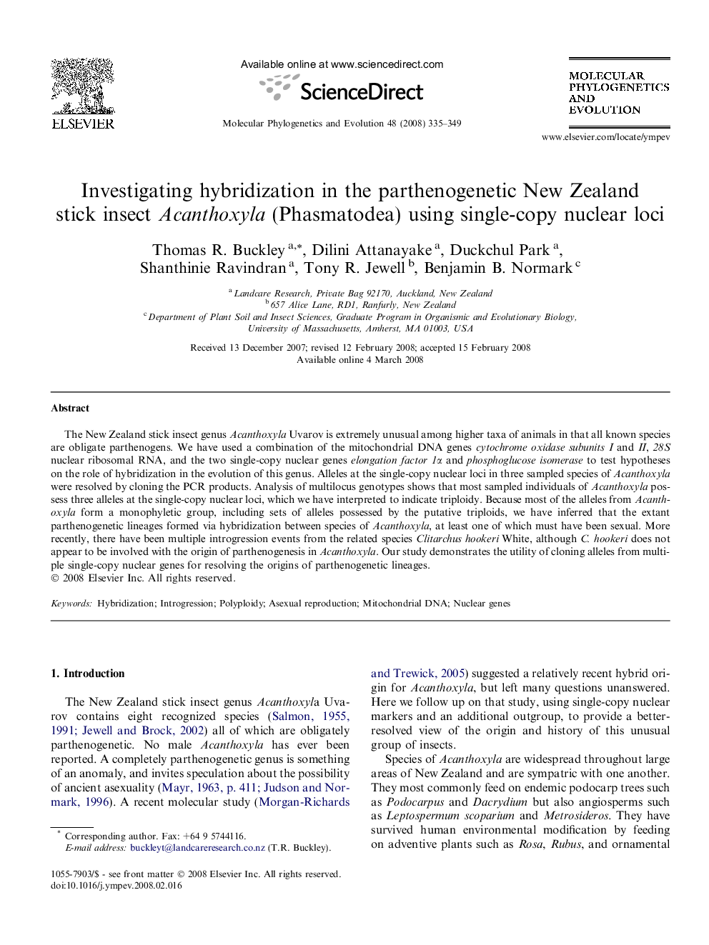 Investigating hybridization in the parthenogenetic New Zealand stick insect Acanthoxyla (Phasmatodea) using single-copy nuclear loci