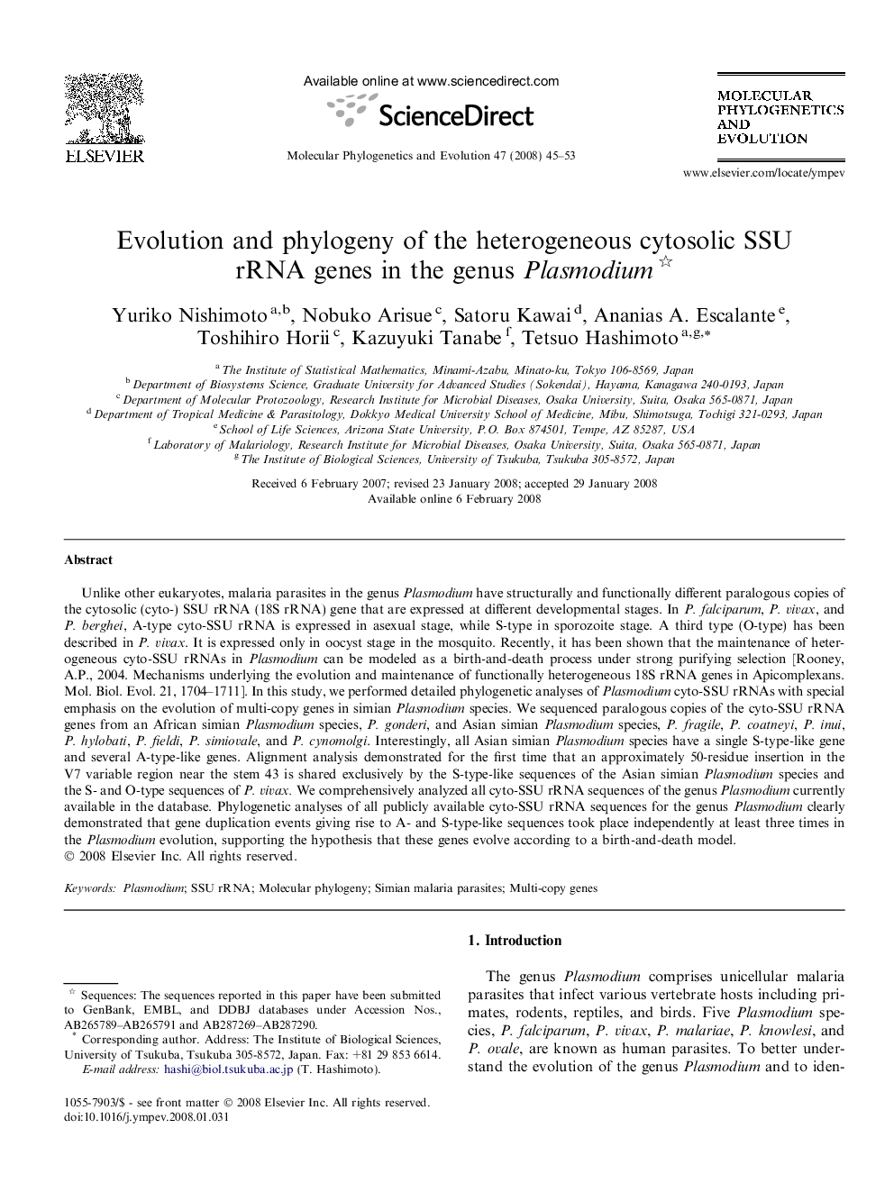 Evolution and phylogeny of the heterogeneous cytosolic SSU rRNA genes in the genus Plasmodium 