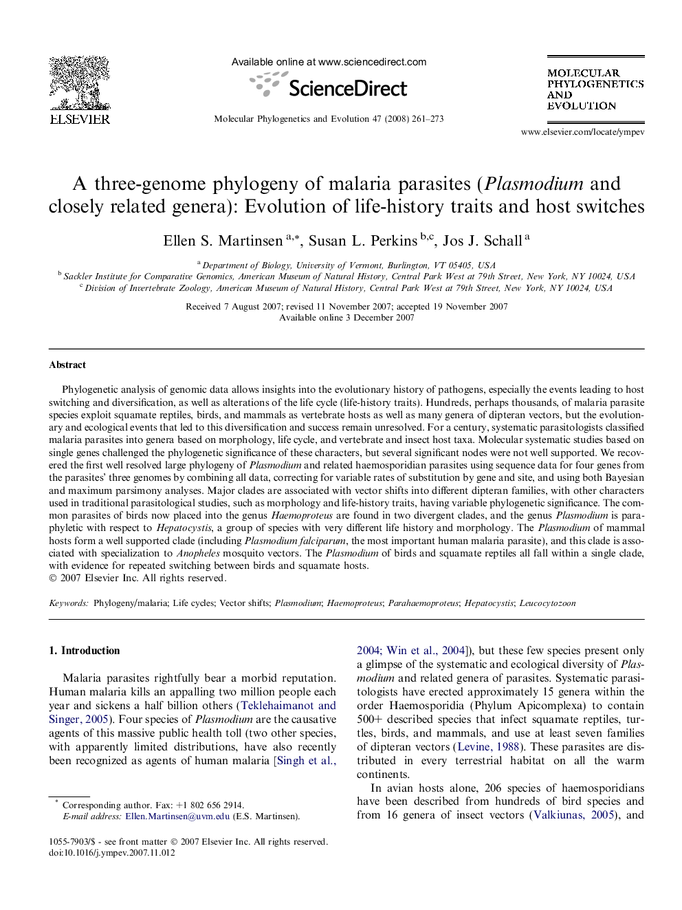 A three-genome phylogeny of malaria parasites (Plasmodium and closely related genera): Evolution of life-history traits and host switches