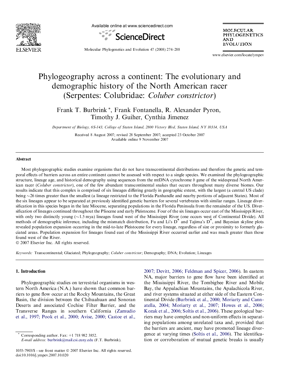 Phylogeography across a continent: The evolutionary and demographic history of the North American racer (Serpentes: Colubridae: Coluber constrictor)