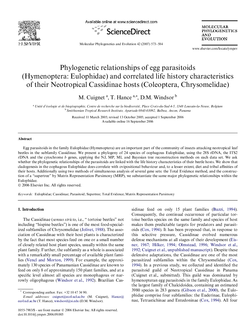 Phylogenetic relationships of egg parasitoids (Hymenoptera: Eulophidae) and correlated life history characteristics of their Neotropical Cassidinae hosts (Coleoptera, Chrysomelidae)