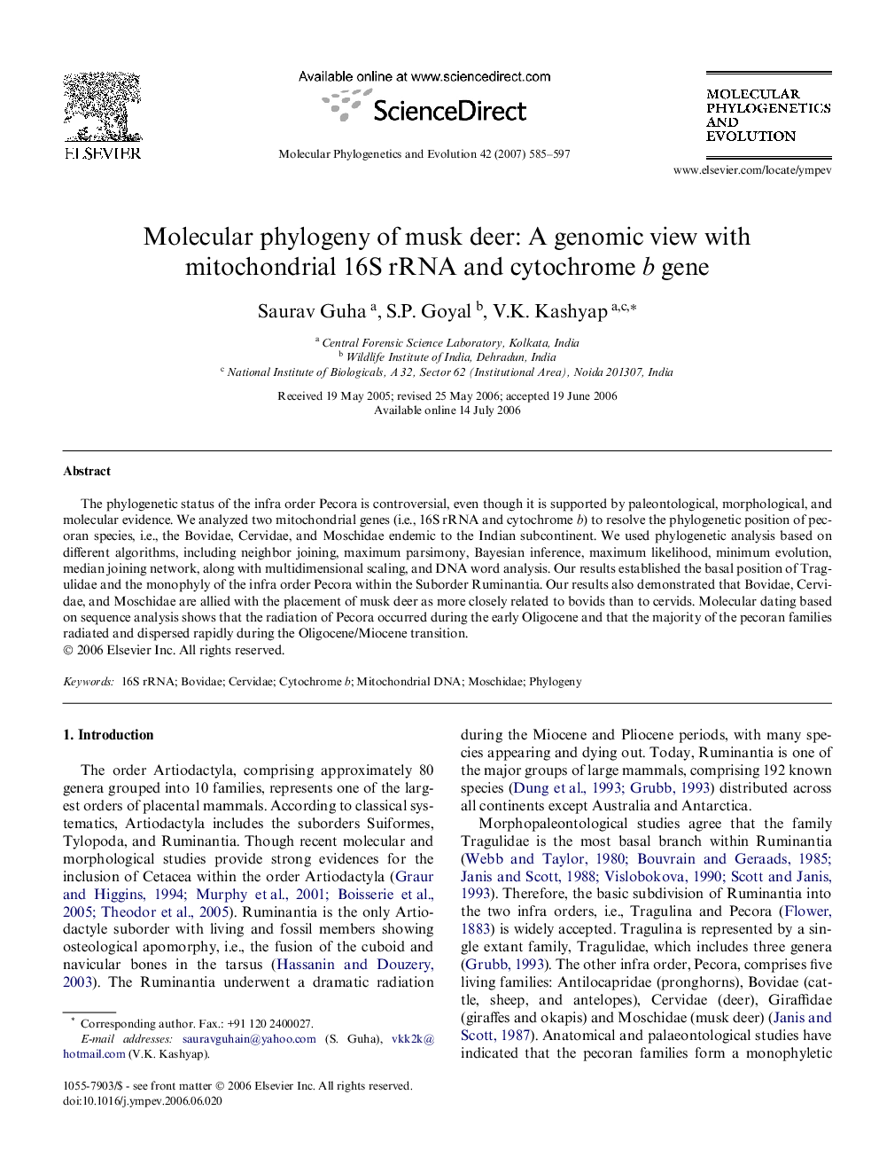 Molecular phylogeny of musk deer: A genomic view with mitochondrial 16S rRNA and cytochrome b gene