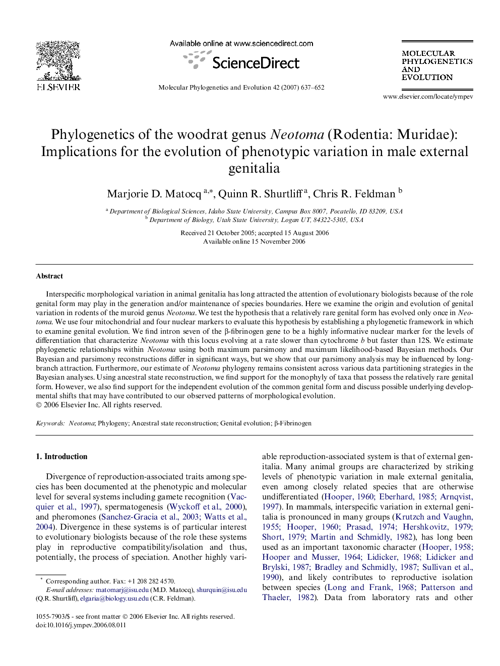 Phylogenetics of the woodrat genus Neotoma (Rodentia: Muridae): Implications for the evolution of phenotypic variation in male external genitalia