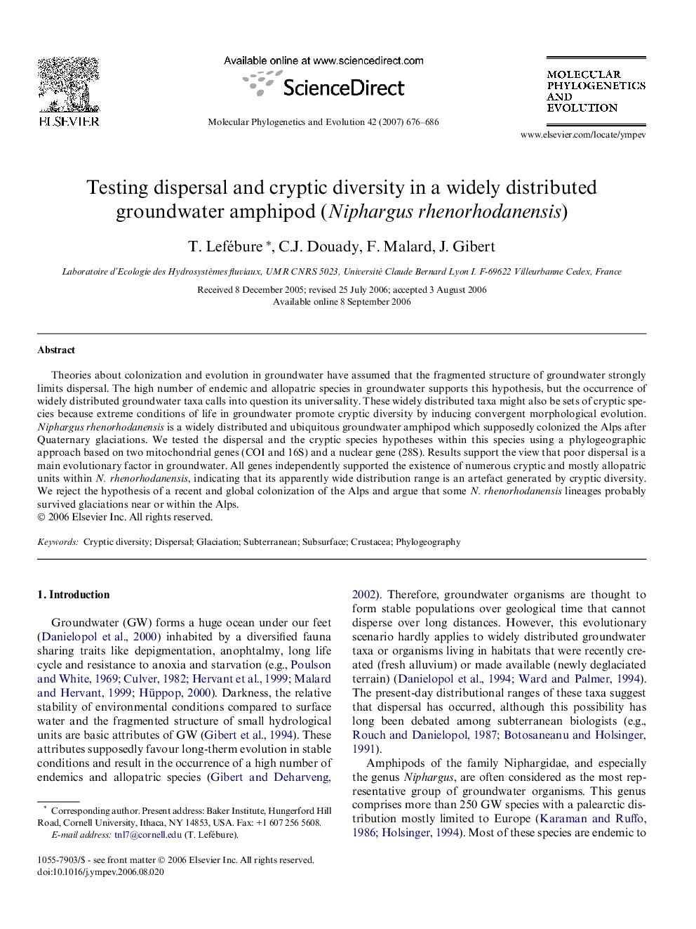 Testing dispersal and cryptic diversity in a widely distributed groundwater amphipod (Niphargus rhenorhodanensis)