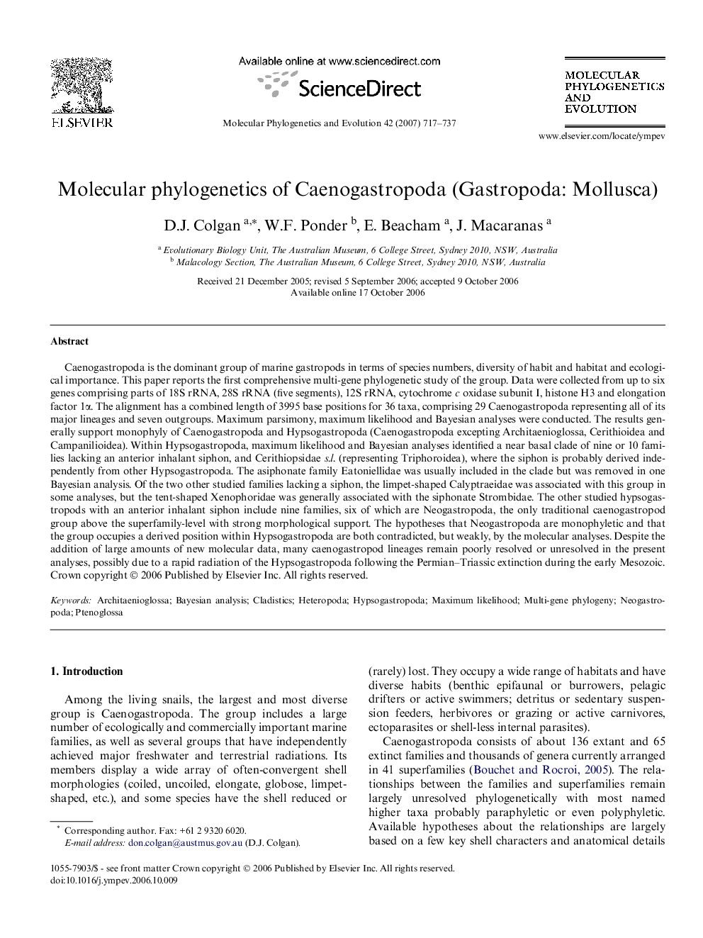 Molecular phylogenetics of Caenogastropoda (Gastropoda: Mollusca)