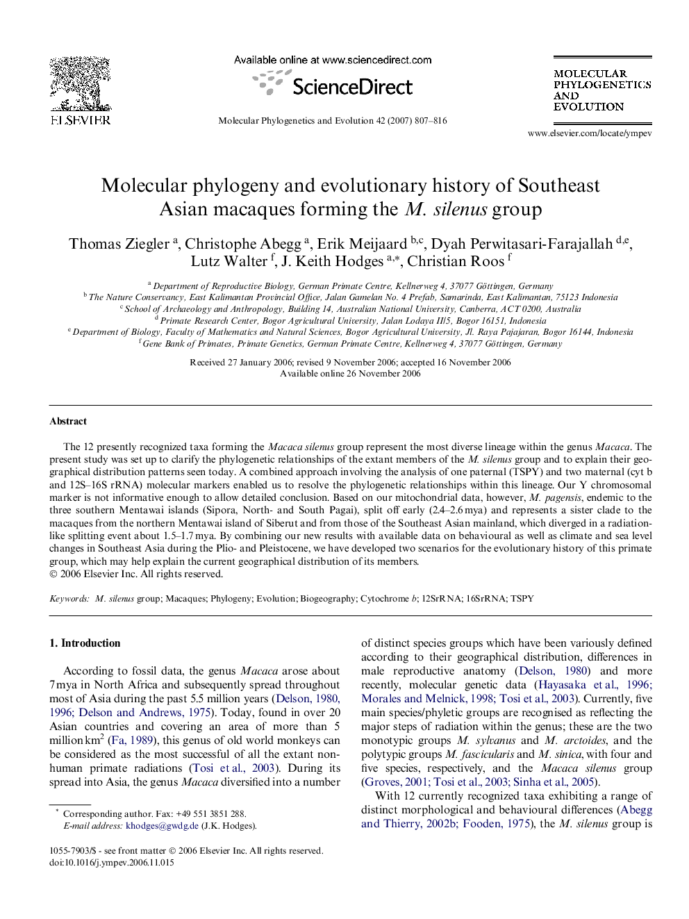 Molecular phylogeny and evolutionary history of Southeast Asian macaques forming the M. silenus group