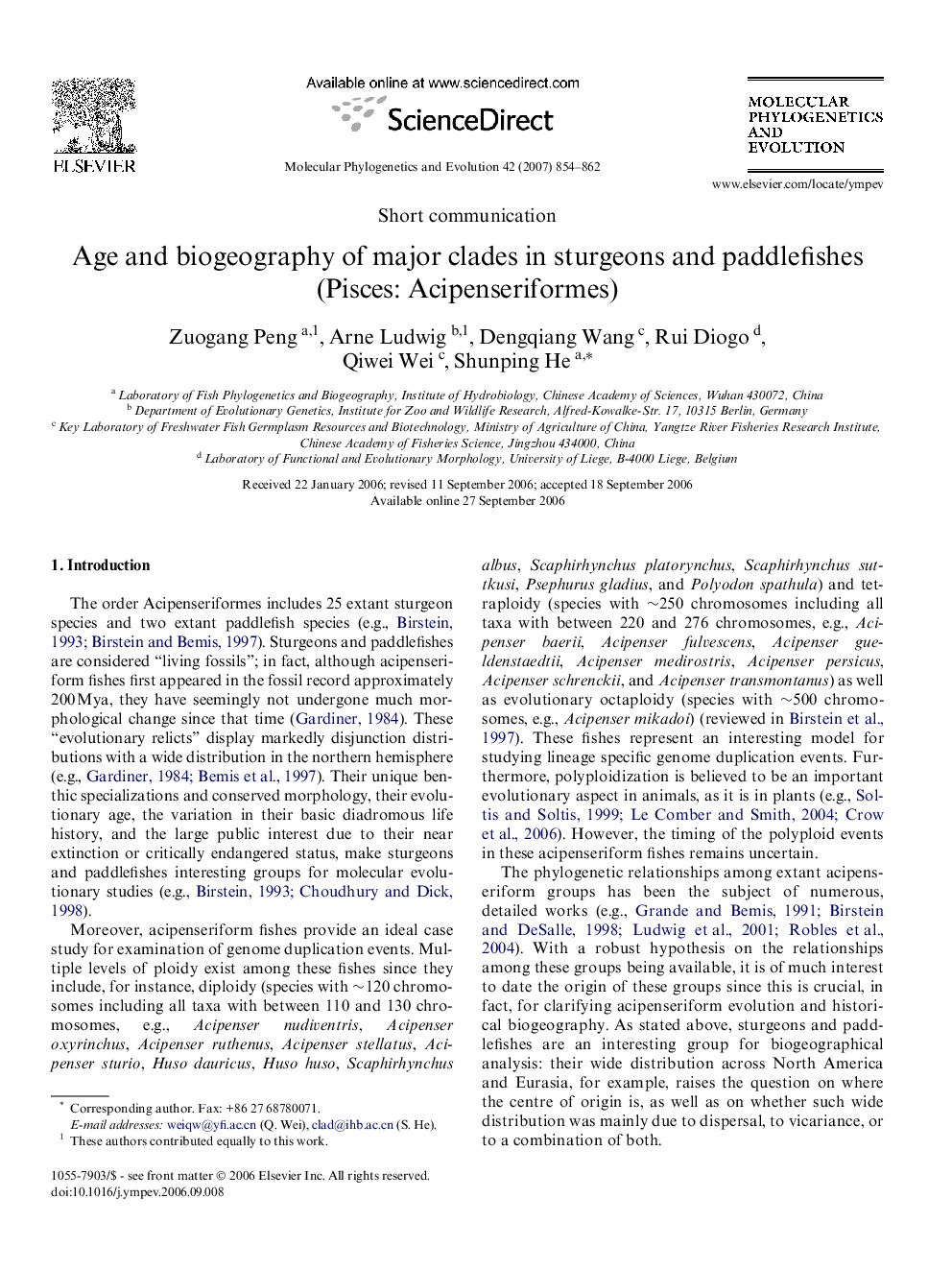 Age and biogeography of major clades in sturgeons and paddlefishes (Pisces: Acipenseriformes)