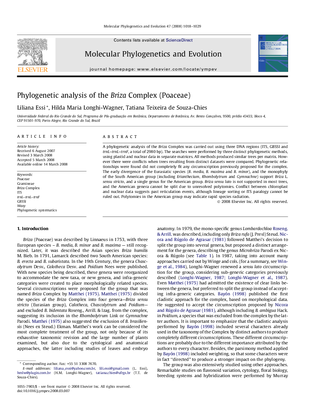 Phylogenetic analysis of the Briza Complex (Poaceae)