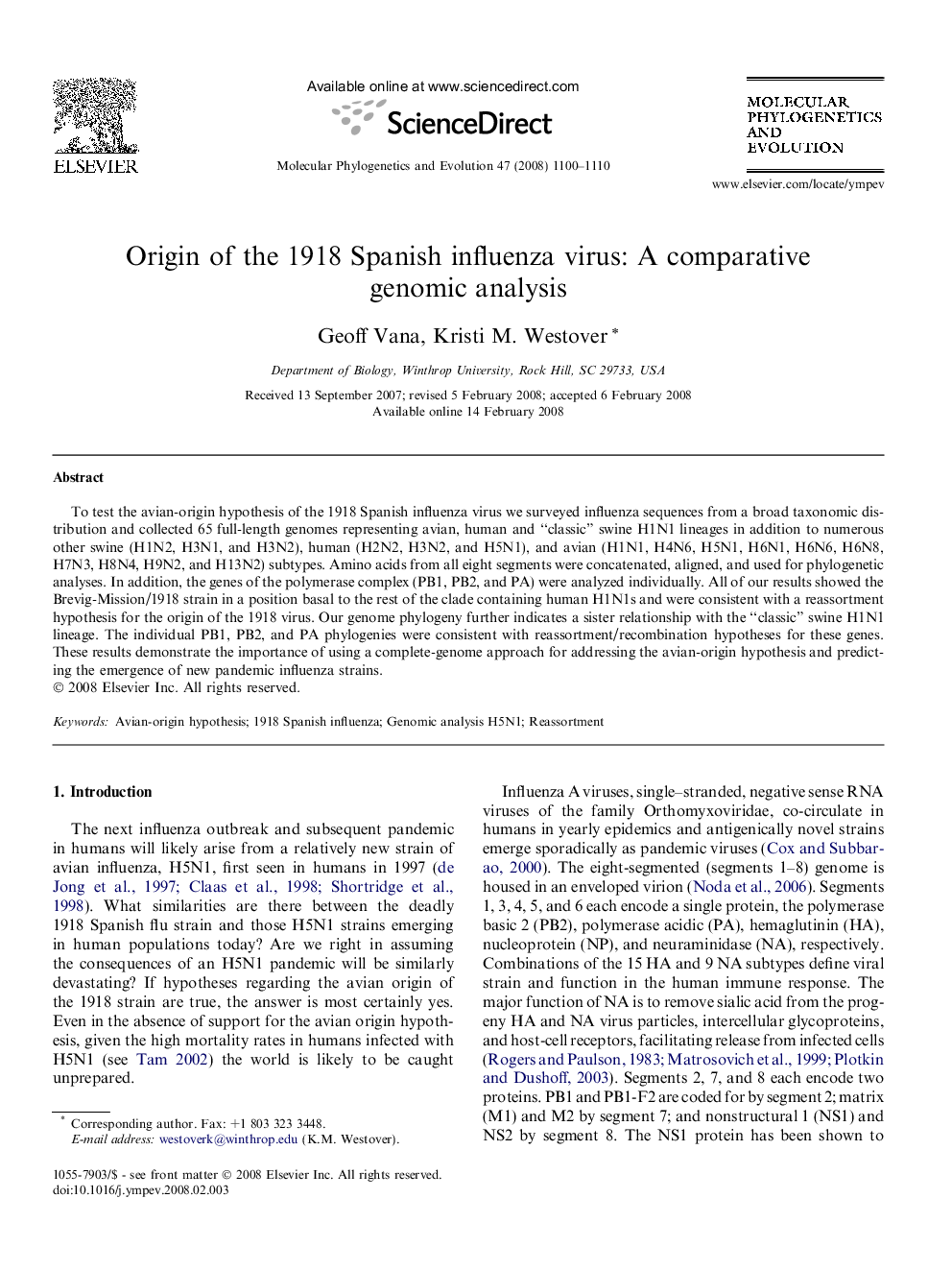 Origin of the 1918 Spanish influenza virus: A comparative genomic analysis