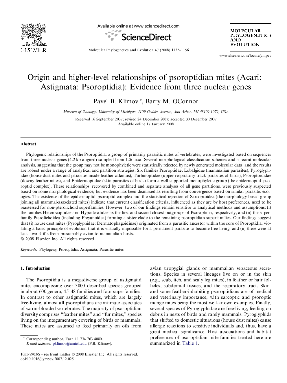 Origin and higher-level relationships of psoroptidian mites (Acari: Astigmata: Psoroptidia): Evidence from three nuclear genes