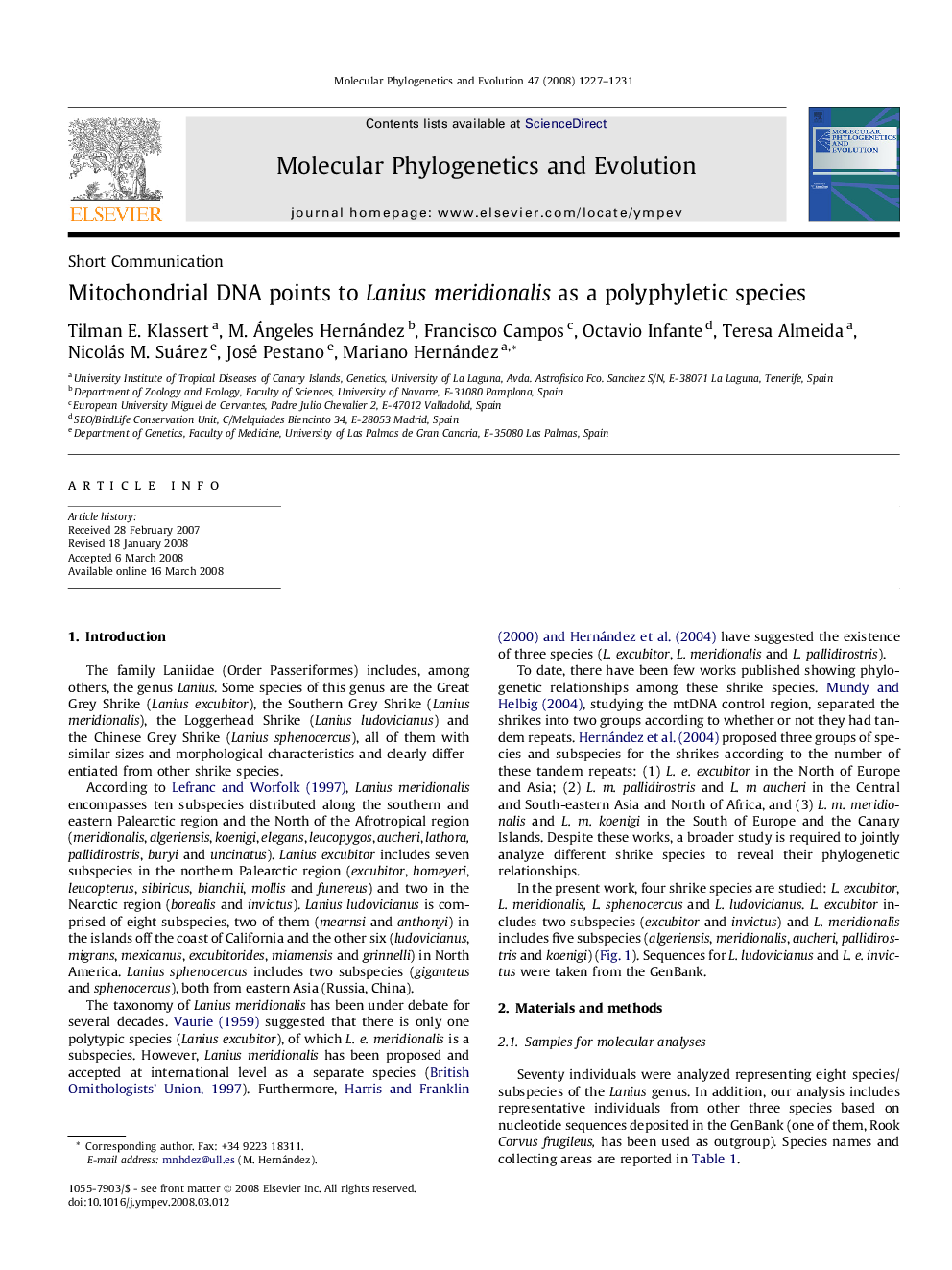 Mitochondrial DNA points to Lanius meridionalis as a polyphyletic species