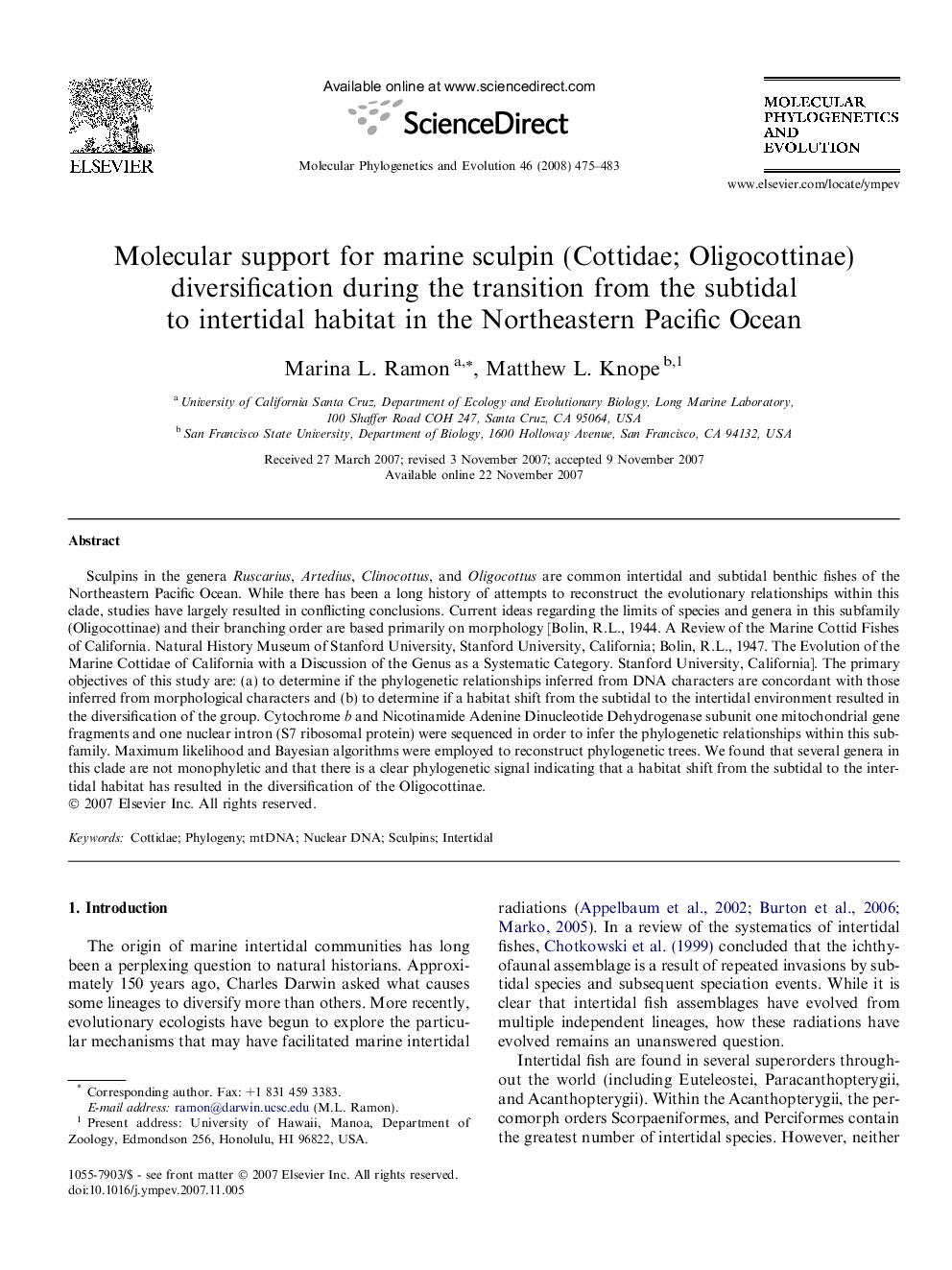 Molecular support for marine sculpin (Cottidae; Oligocottinae) diversification during the transition from the subtidal to intertidal habitat in the Northeastern Pacific Ocean