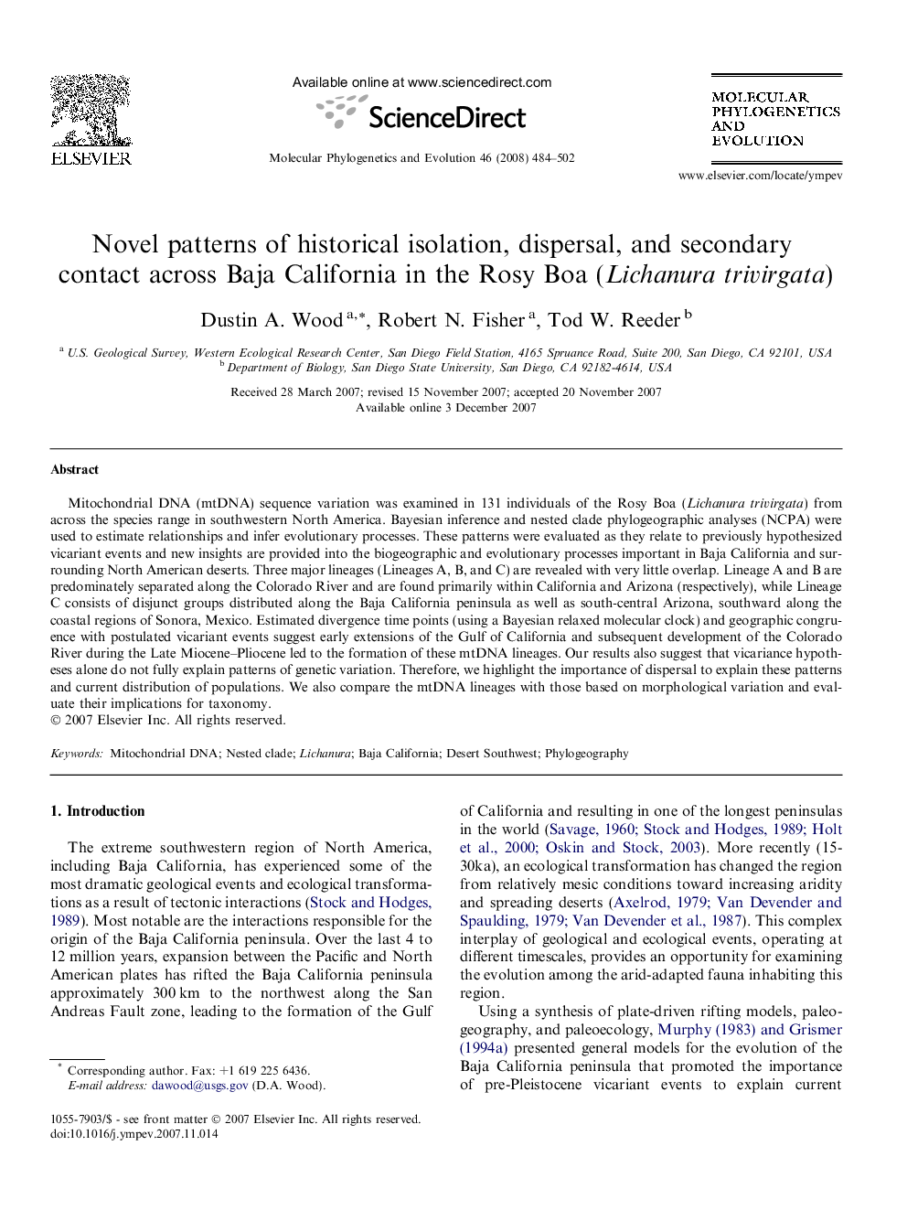 Novel patterns of historical isolation, dispersal, and secondary contact across Baja California in the Rosy Boa (Lichanura trivirgata)